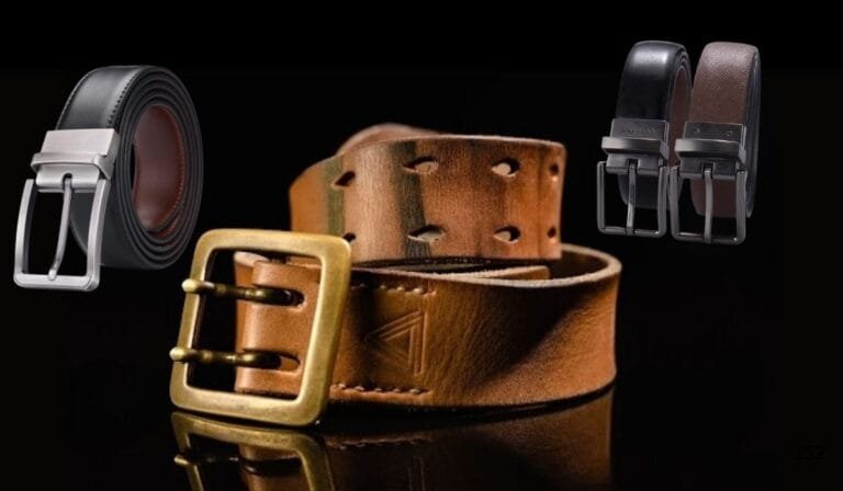 Premium leather belts in various styles, including a rugged brown belt with a brass buckle and sleek black and brown belts with modern metal buckles, displayed against a black background.