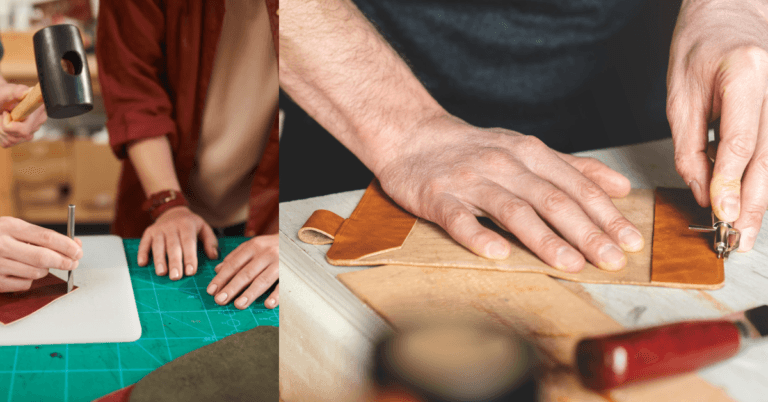 Handcrafted Leather Goods being carefully crafted by skilled artisans using traditional leatherworking techniques.