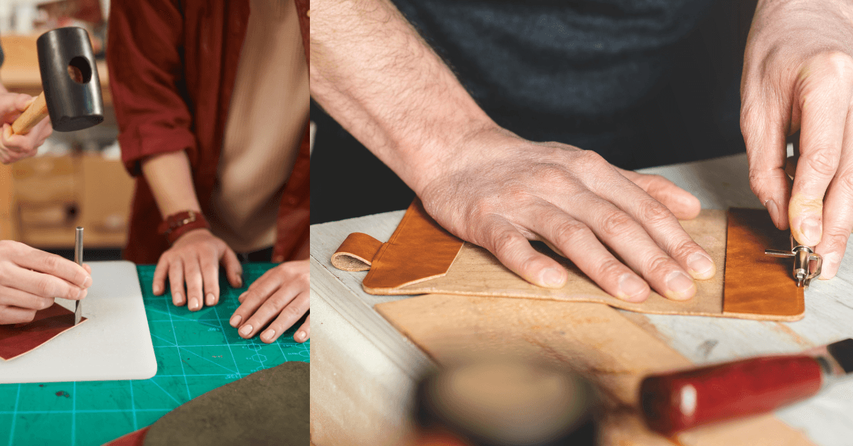 Handcrafted Leather Goods being carefully crafted by skilled artisans using traditional leatherworking techniques.