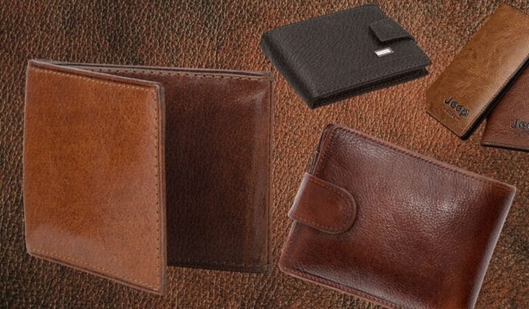 A collection of stylish leather wallets in various shades of brown and black, displayed on a textured leather background.