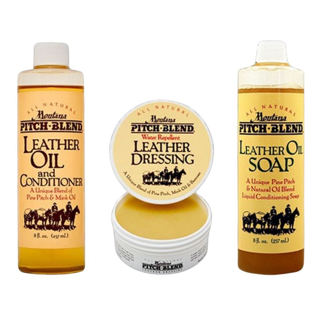 Montana Pitch-Blend Leather Conditioner Set – Natural Care for Lasting Leather Protection. Montana Pitch-Blend leather care products, including leather oil and conditioner, leather dressing, and leather oil soap, designed for deep conditioning and protection.