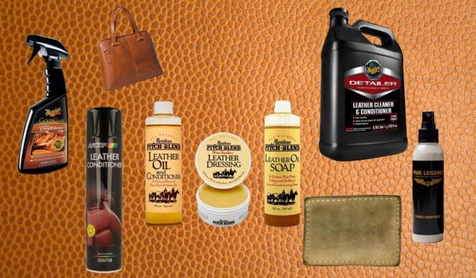 A variety of leather conditioners, oils, and cleaning products displayed on a textured leather background, featuring spray bottles, cream tins, and liquid solutions for leather care.