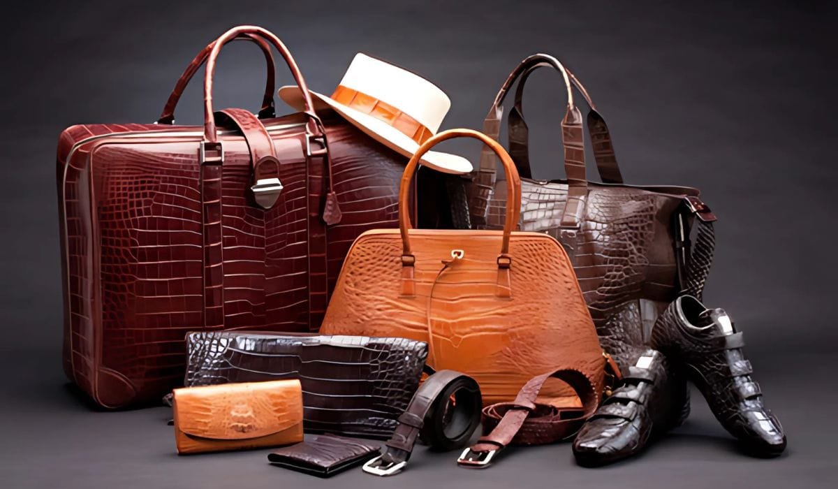 A luxurious collection of premium leather products, including handbags, wallets, belts, shoes, and travel bags.