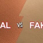 Close-up comparison of real leather vs. fake leather textures with bold text labels 'REAL' and 'FAKE'