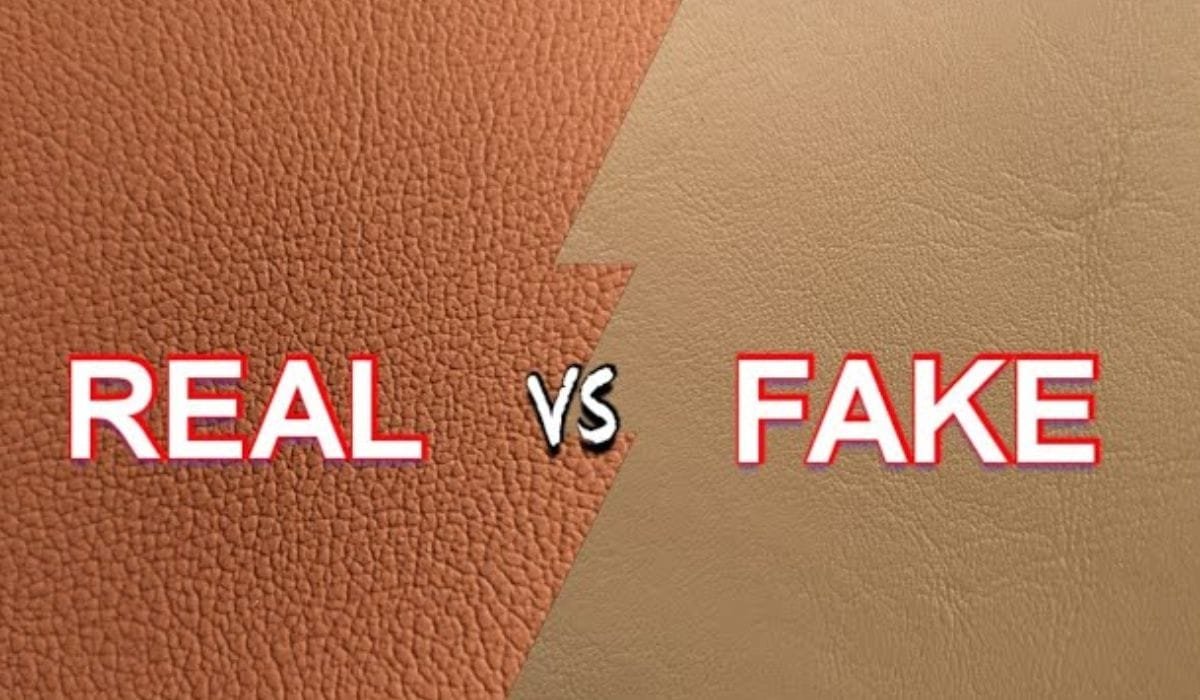 Close-up comparison of real leather vs. fake leather textures with bold text labels 'REAL' and 'FAKE'