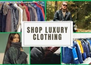 Shop Luxury Clothing A collage showcasing various luxury clothing items. The image features jackets and coats on hangers, a stylish person wearing a leather jacket, and a model in a fashionable scarf.