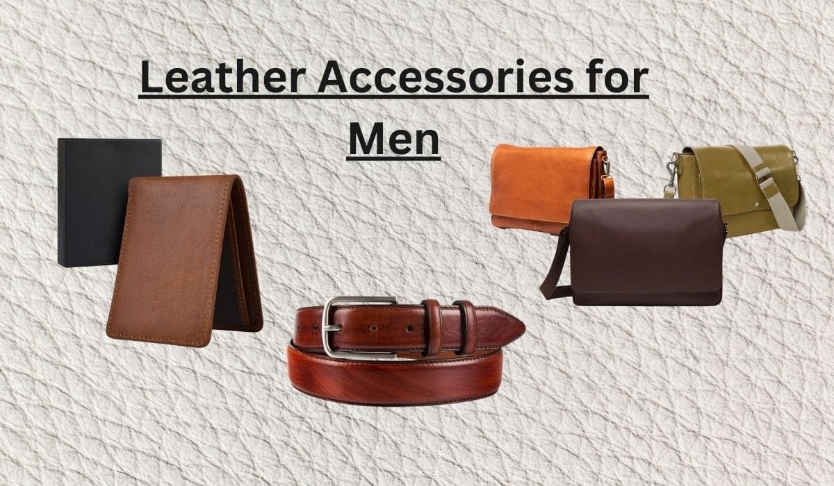 High-quality leather accessories for men, including wallets, belts, and stylish messenger bags, displayed on a textured background.