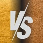 A side-by-side comparison of vegan leather and real leather textures with a bold "VS" in the center.