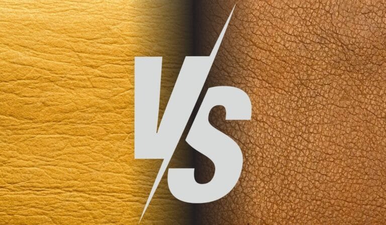 A side-by-side comparison of vegan leather and real leather textures with a bold "VS" in the center.