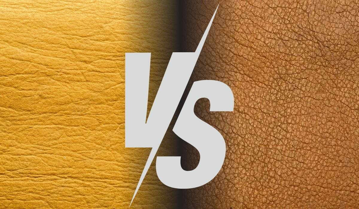 A side-by-side comparison of vegan leather and real leather textures with a bold "VS" in the center.