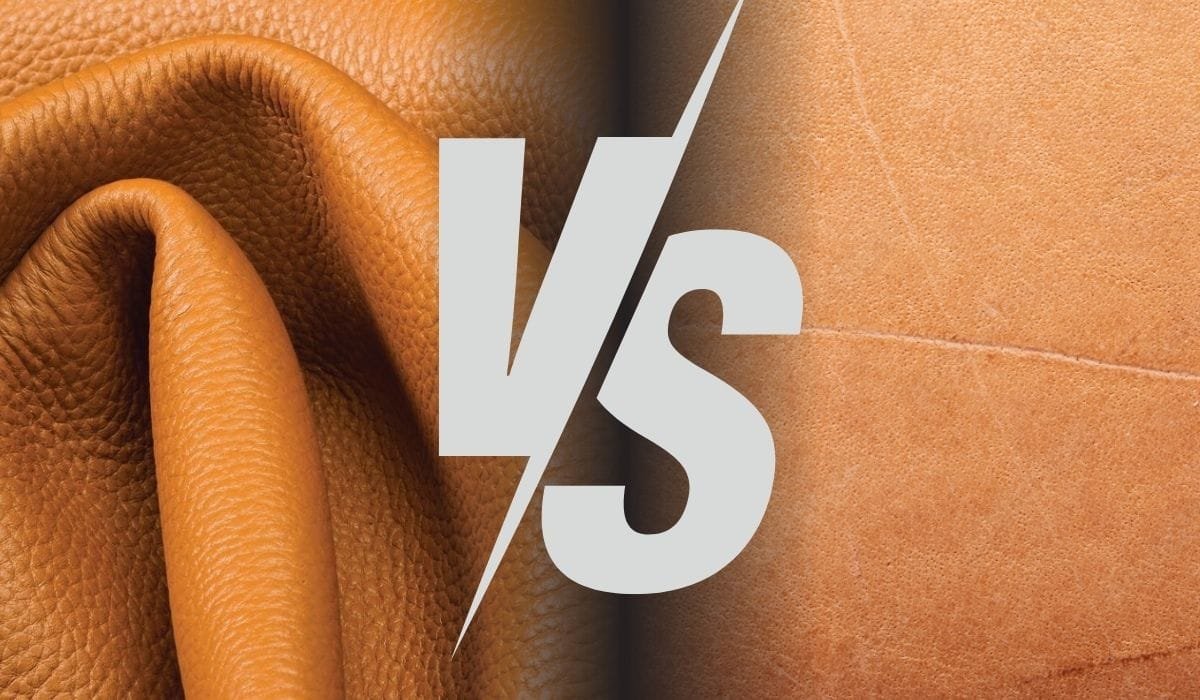 Side-by-side comparison of vegetable-tanned and chrome-tanned leather with a bold "VS" in the center.