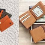 Leather wallet open, showing card slots and cash compartment.