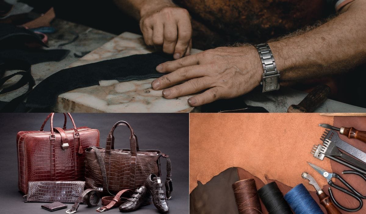 Handcrafted luxury leather goods, including bags, shoes, and accessories, showcasing premium craftsmanship and materials.