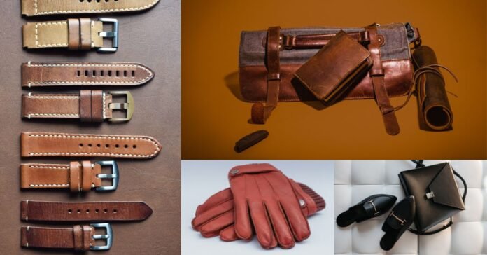 A collection of handmade leather accessories, including watch straps, a leather bag, wallet, gloves, and stylish footwear, showcasing premium craftsmanship and elegance.