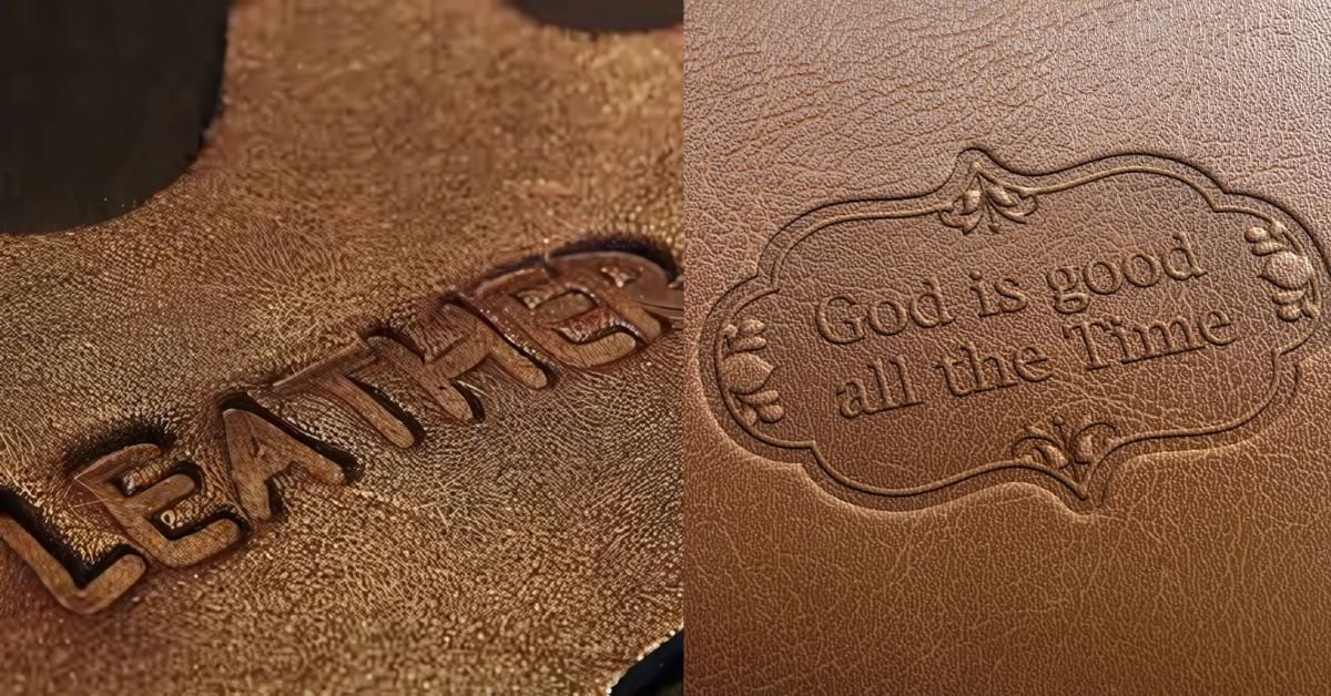 Embossed leather with detailed text and decorative patterns, showcasing craftsmanship in leather embossing.