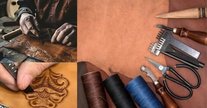 A close-up of a craftsman carving intricate designs into a piece of tooling leather using specialized tools.