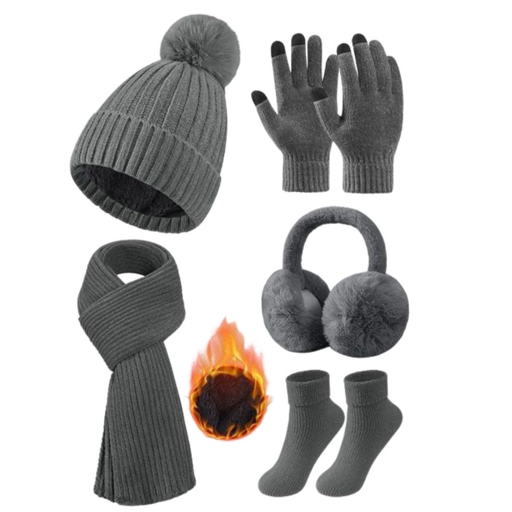 A winter accessories set featuring a gray knit beanie with a pom-pom, matching gloves, earmuffs, a scarf, and socks, all arranged together. An illustration of flames is included, emphasizing warmth.