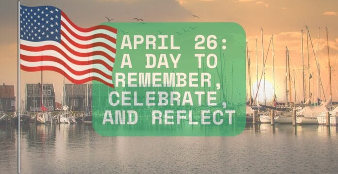 A scenic view of a harbor with boats and a sunset, overlaid with a graphic of the American flag and text that reads 