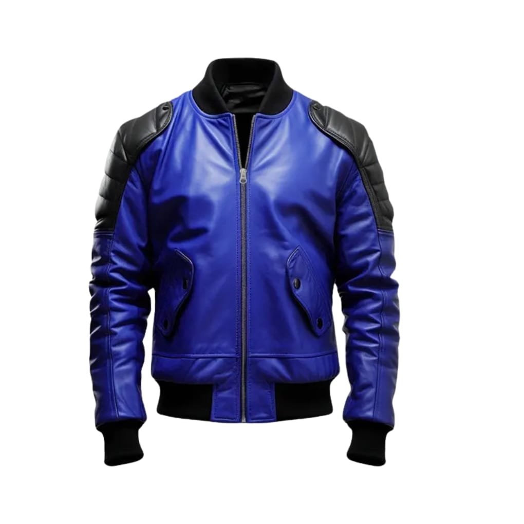 A vibrant blue bomber jacket made of leather, featuring black leather shoulder patches and a ribbed collar and cuffs.