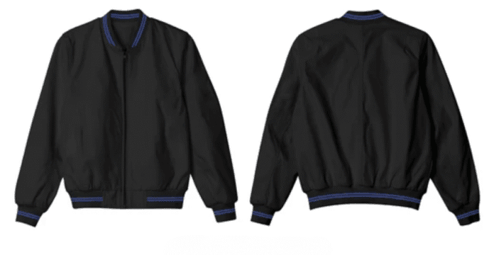 A black bomber jacket featuring blue striped accents on the collar and cuffs, displayed from the front and back.