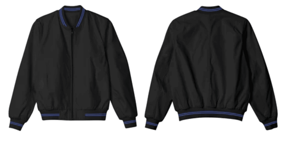 A black bomber jacket featuring blue striped accents on the collar and cuffs, displayed from the front and back.