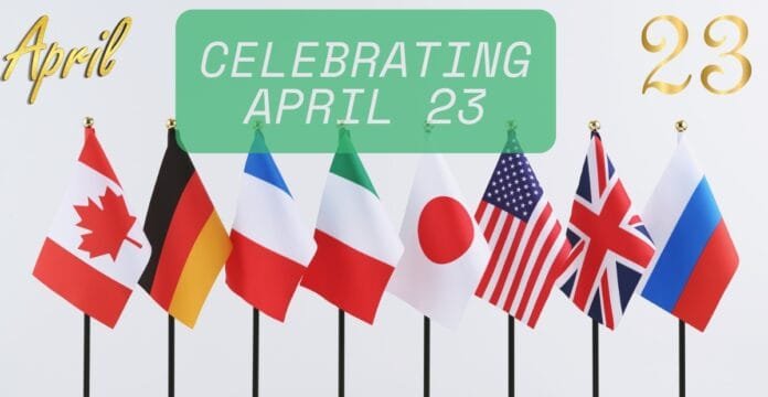 A display of various country flags, including Canada, Germany, France, Italy, Japan, the United States, the United Kingdom, and Russia, arranged in a row. The text overlay reads 