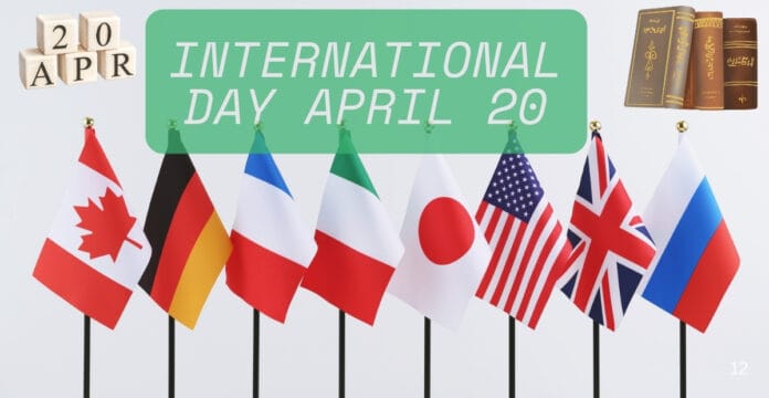 A display of flags from various countries including Canada, Germany, France, Japan, the United States, the United Kingdom, and Russia, with the text 