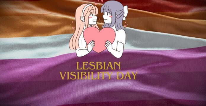 An illustration of two animated women holding a heart against a backdrop of the lesbian pride flag, with the text 