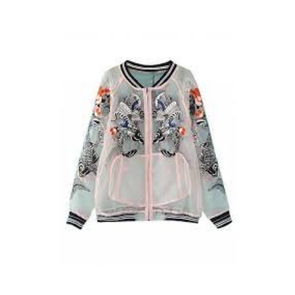A transparent bomber jacket decorated with colorful floral and dragon embroidery, featuring a zip-up front and ribbed cuffs.