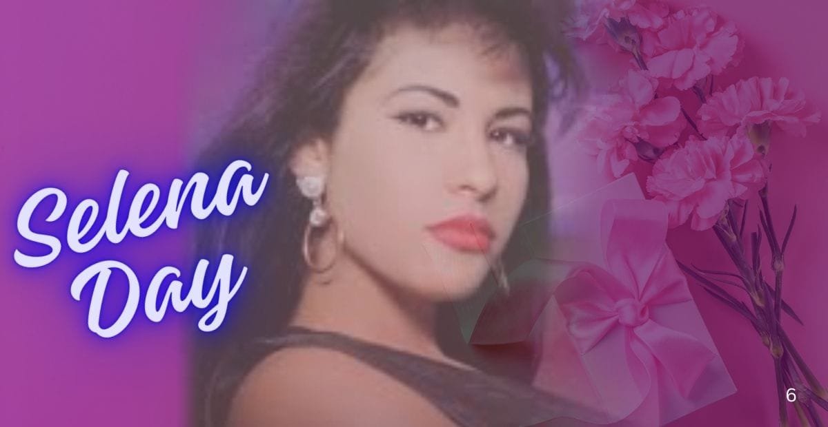 Selena Day – Remembering a Legend A promotional image for "Selena Day," featuring a portrait of a woman with dark hair and red lips on a pink background with flowers and a gift bow.