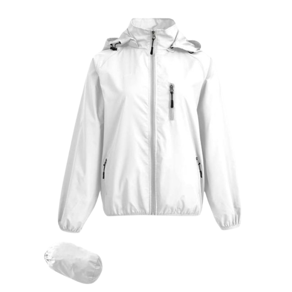A lightweight white jacket with a hood, featuring a front zipper and two side pockets. A compact pouch for storage is shown beside the jacket.