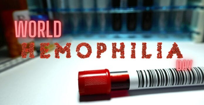 Alt Text: A display for World Hemophilia Day featuring the words 
