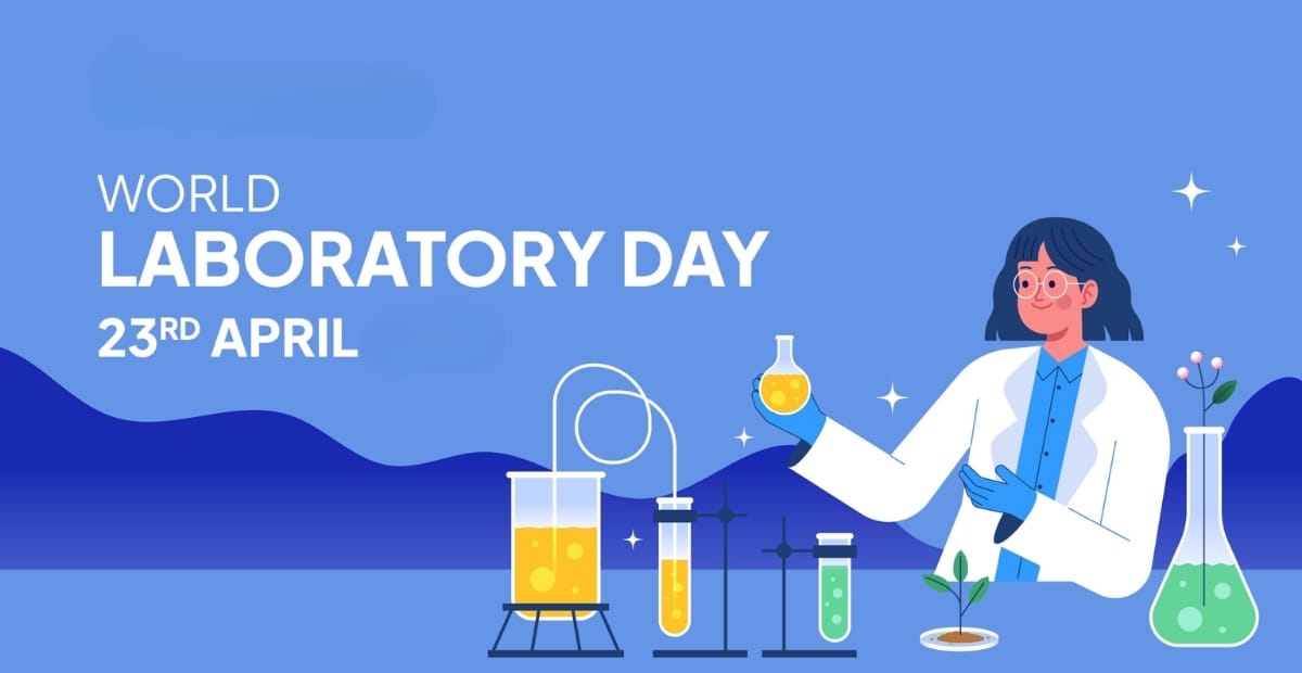Celebrating World Laboratory Day: Honoring Innovation & Science An illustration celebrating World Laboratory Day, featuring a female scientist in a lab coat holding a beaker and surrounded by various laboratory equipment and a small plant. The background is blue with mountains.