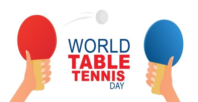 An illustration depicting two hands holding table tennis paddles, one red and one blue, with a ping pong ball in motion. The text overlay reads 