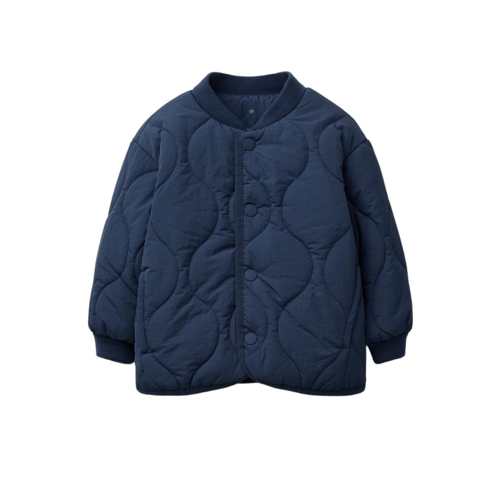 A navy blue quilted jacket with a round neckline and button closures, featuring a puffy design.