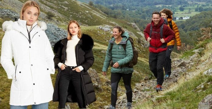 A collage featuring two women in stylish winter coats: one in a white puffer jacket and the other in a black coat with a fur hood. In the background, three people are hiking on a rocky trail in the countryside, wearing colorful outdoor jackets: a red one on a man, a green one on a woman, and an orange one on another woman. Best Thermal Coats