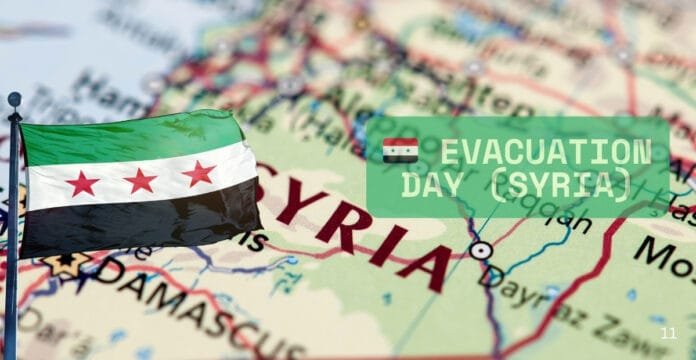 A digital illustration of the Syrian flag overlaying a map of Syria, with the text 