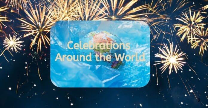 A vibrant background of fireworks surrounds a globe with the text 