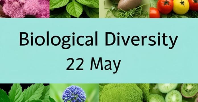 A colorful collage of various plants, vegetables, and flowers framing a central light blue rectangle with text. Biological Diversity – 22 May