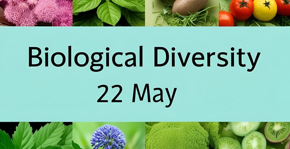 International Day for Biological Diversity – 22 May Nature A colorful collage of various plants, vegetables, and flowers framing a central light blue rectangle with text. Biological Diversity – 22 May