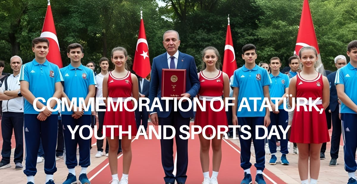 Commemoration of Atatürk, Youth and Sports Day – 19 May A group of young athletes and officials standing outdoors with Turkish flags in the background, celebrating the Commemoration of Atatürk, Youth and Sports Day.