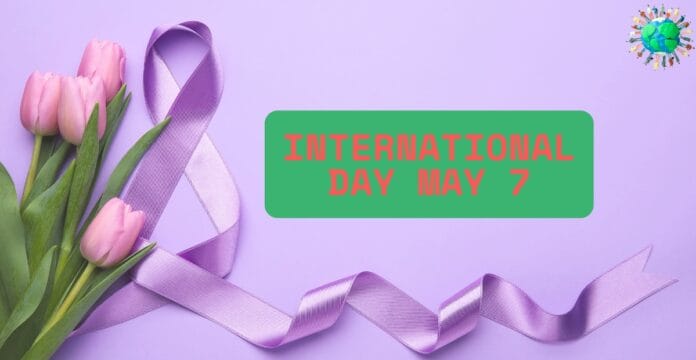 A purple ribbon is intertwined with pink tulips on a light purple background, with a green box containing red text that reads 
