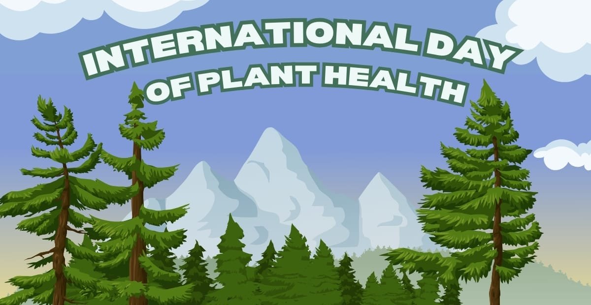 An illustrated scene of green pine trees and snowy mountain peaks under a blue sky with clouds, with the text "International Day of Plant Health" in bold green letters at the top.