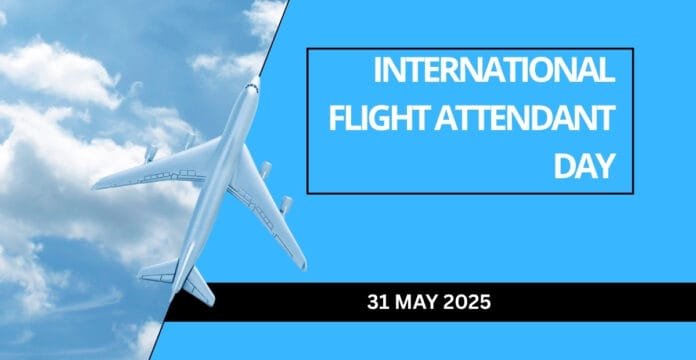 Flight attendant smiling and assisting passengers aboard an airplane cabin, symbolizing International Flight Attendant Day on May 31.