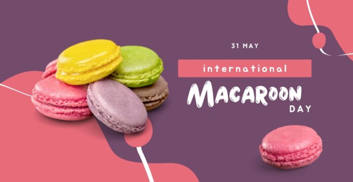 A colorful assortment of macarons stacked on a purple and pink abstract background with text that reads 