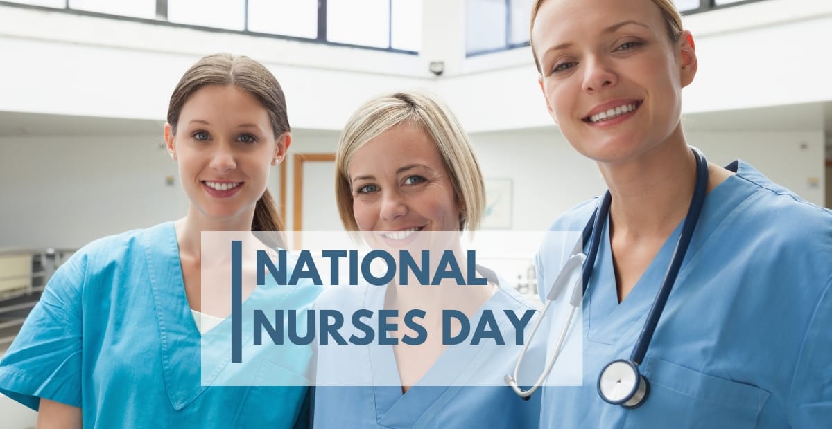 We Celebrate International Nurses Day Honoring Healthcare Three smiling nurses in blue scrubs in a bright hospital setting, with a text overlay that reads "National Nurses Day."
