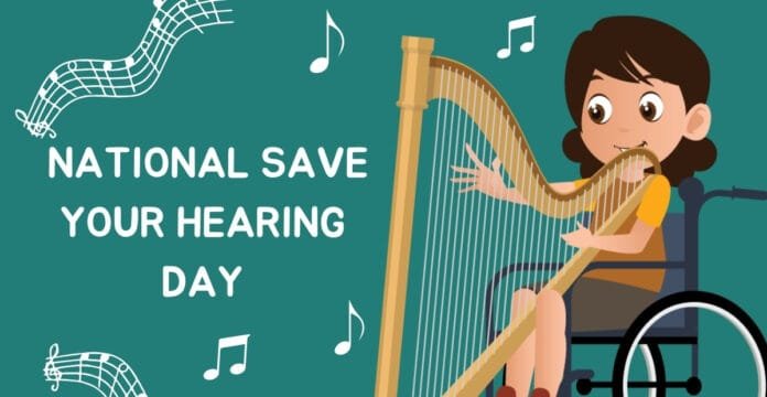 Illustration of an ear with a protective shield and sound waves, representing National Save Your Hearing Day on May 31.