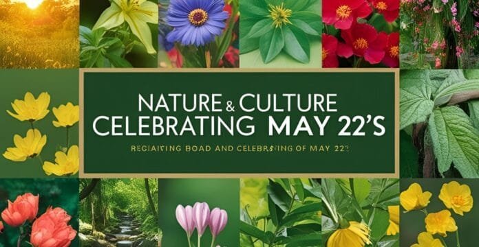 A vibrant collage of various colorful flowers and lush greenery surrounding a central green banner with white text promoting a celebration on May 22nd.
