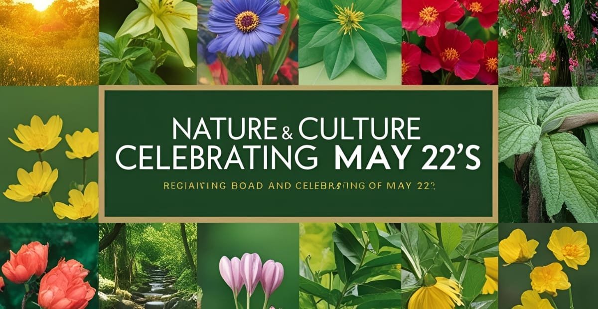 Nature & Culture Celebrating May 22’s International Observances A vibrant collage of various colorful flowers and lush greenery surrounding a central green banner with white text promoting a celebration on May 22nd.