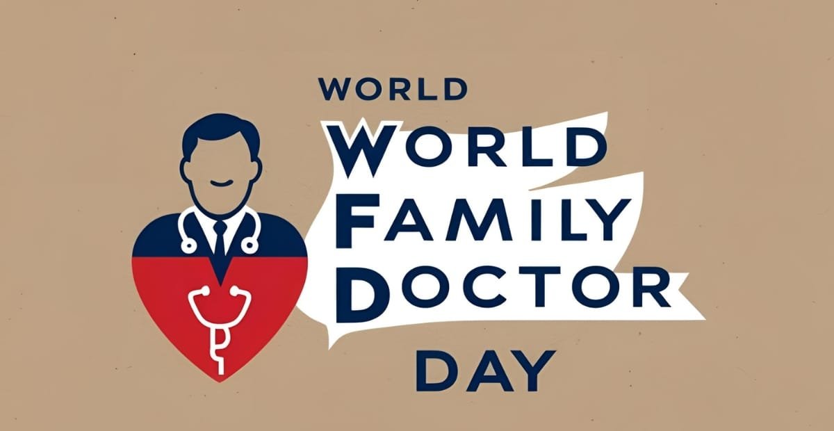 Celebrating World Family Doctor Day – 19 May A graphic illustration of a male doctor with a stethoscope integrated into a red heart shape, accompanied by the text "World Family Doctor Day" on a beige background.